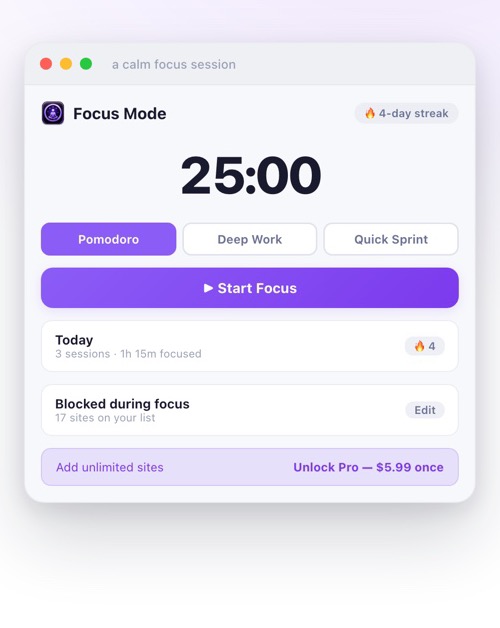 Focus Mode popup in use