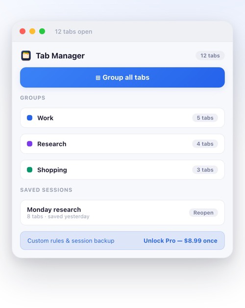 Tab Manager popup in use