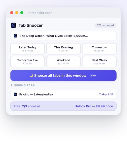 Tab Snoozer popup in use